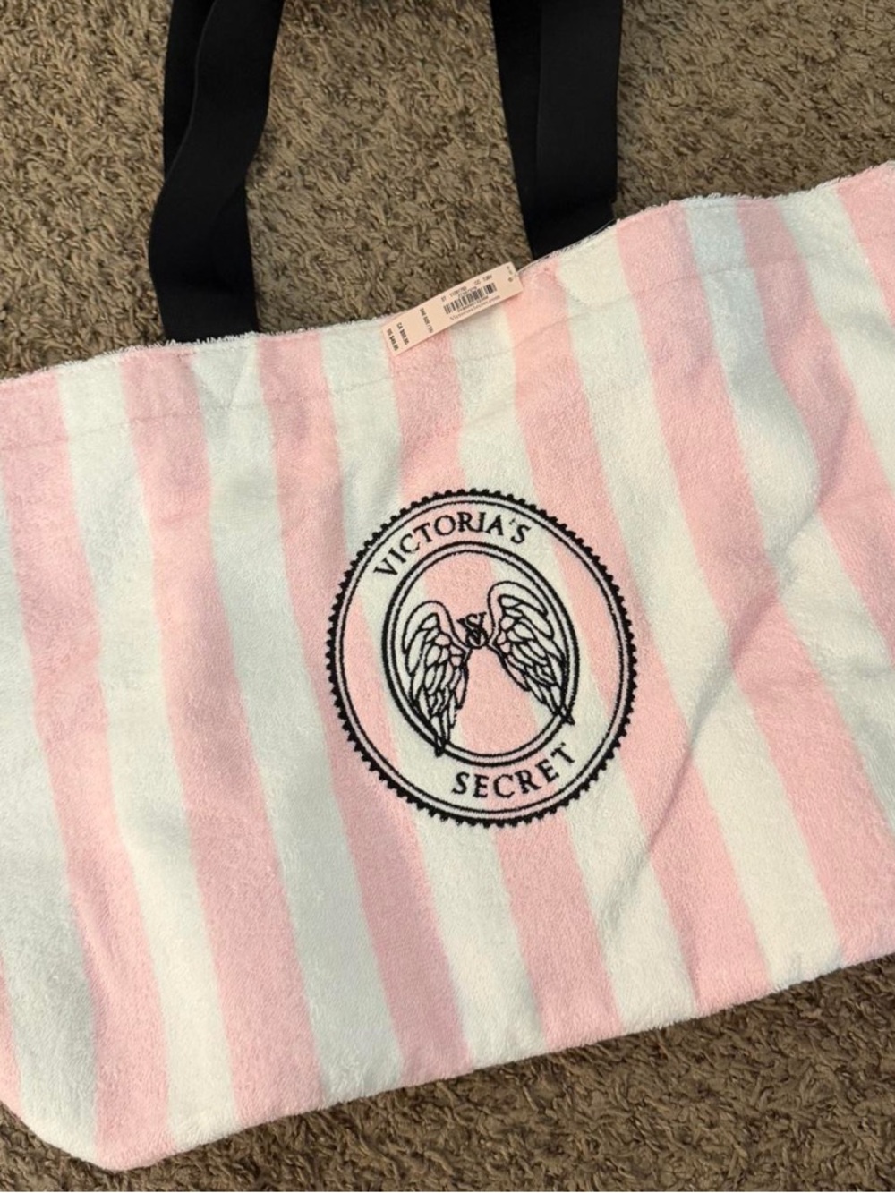 Victoria's Secret Pink & White Striped Terry Tote with Black Handles